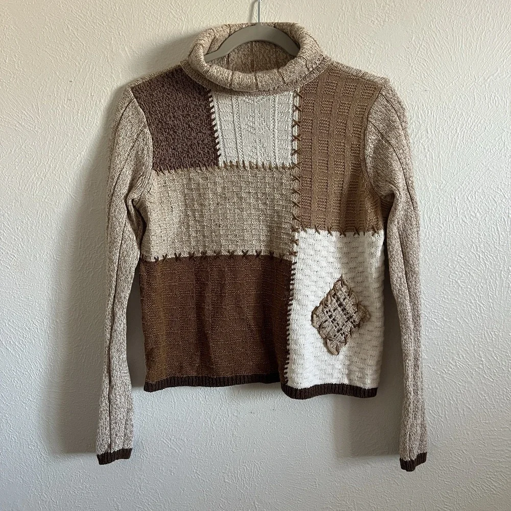 Vintage 90s  Fall Patchwork Knit Sweater Beige brown neutrals Medium turtleneck - Picture 4 of 8